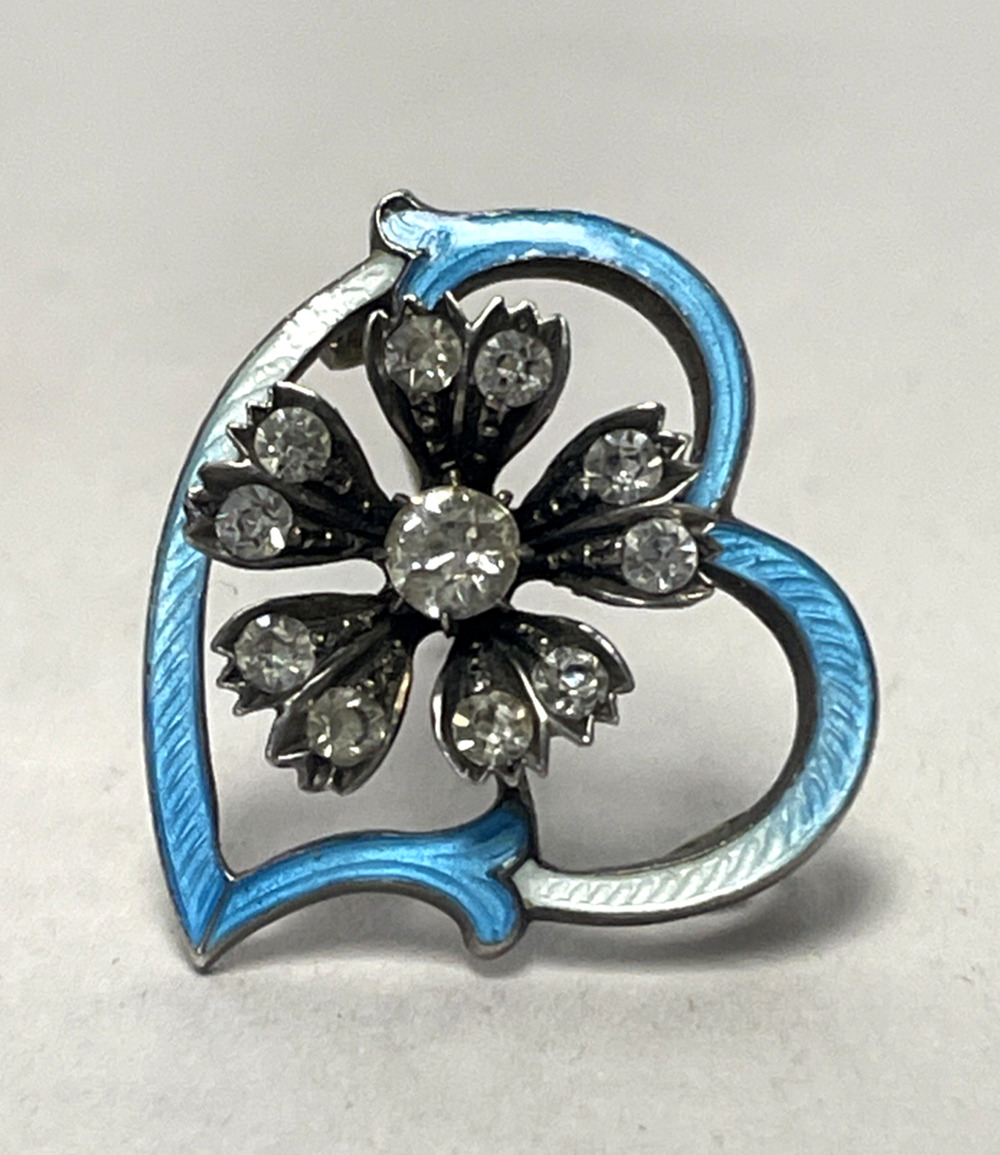 VTG Blue Guilloche Enamel Rhinestone Heart Flower Brooch Pin 1" Antique Style - Picture 1 of 12
